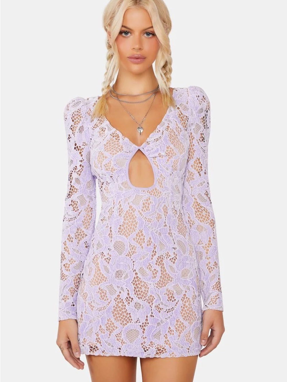 For Love And Lemons Lavender Lace Long-Sleeve Mini Dress